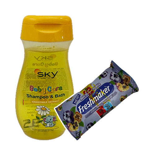 Kupka i šampon Sky Baby Care kamilica 200 ml + Gratis Maramice vlažne Freshmake700