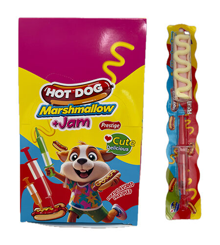 Slatkiš Hotdog Marshmallow Cute + špric sa gelom mix voćni 16 gr - 20 kom